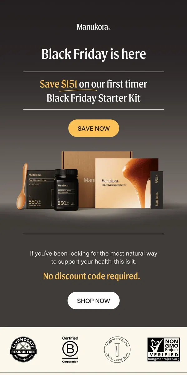 Email from Manukora. $151 savings for Black Friday