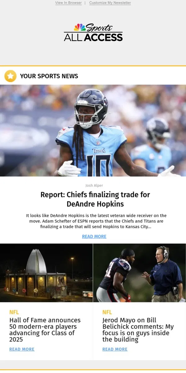 Email from NBC Sports. Report: Chiefs finalizing trade for DeAndre Hopkins