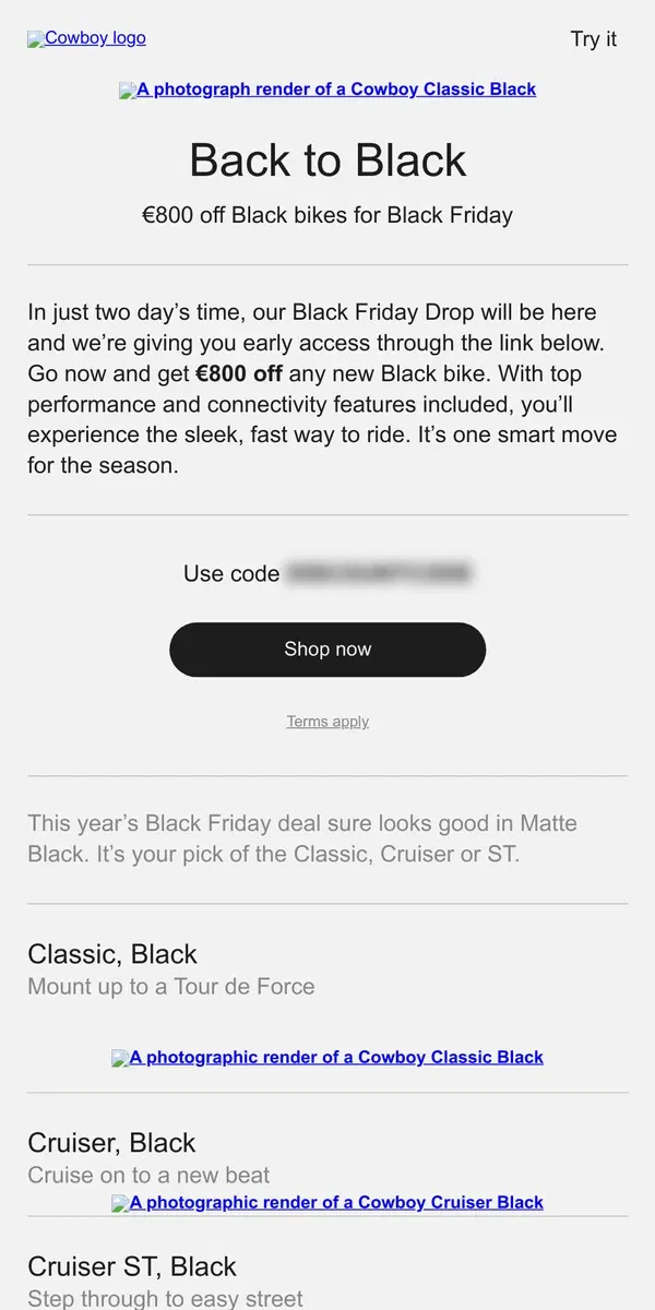 Email from Cowboy. Back to Black: Early Access