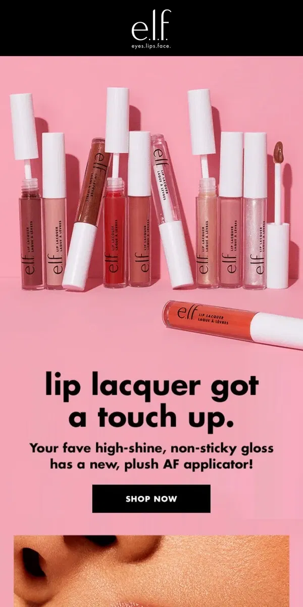 Email from e.l.f.. Lip Lacquer's new, upgraded applicator is 👌