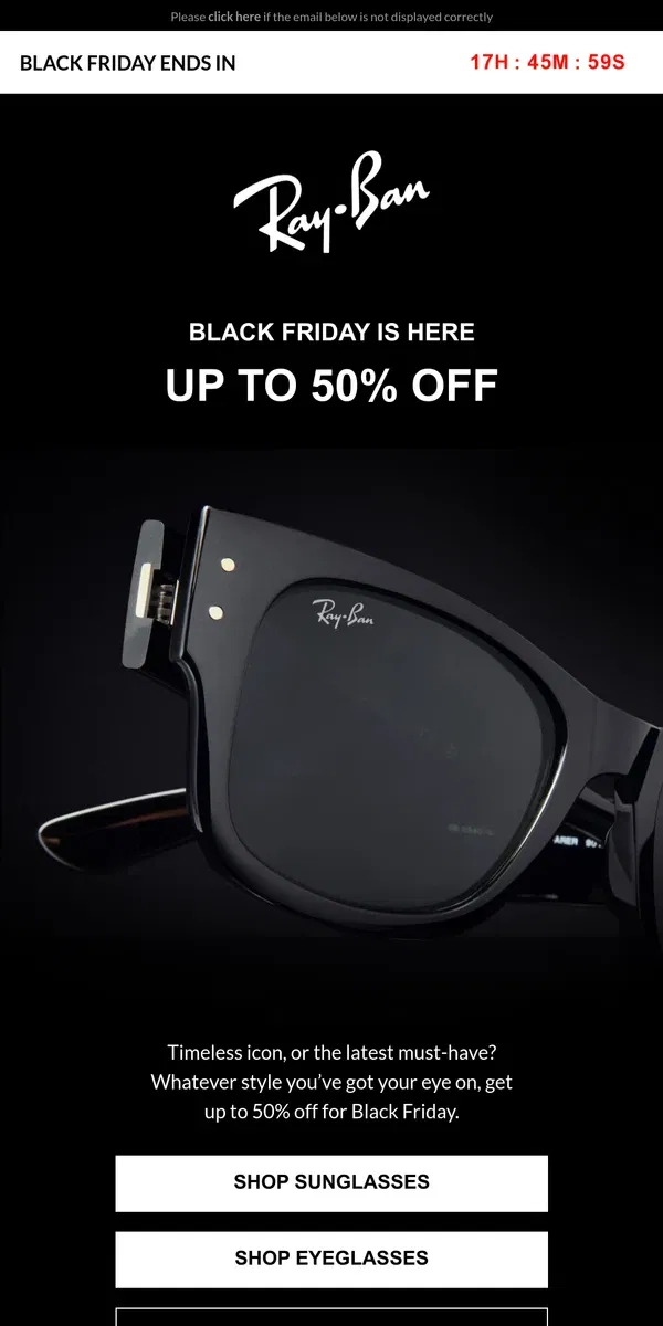 Email from Ray-Ban. Black Friday is on: up to 50% off