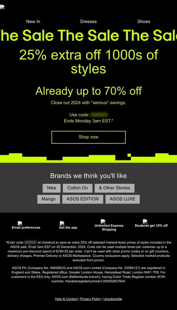 Email from ASOS. 25% extra off 1000s of Sale styles