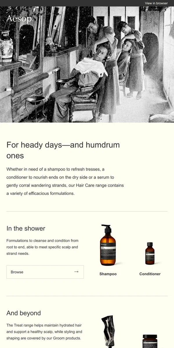 Email from Aesop. Holistic hair care