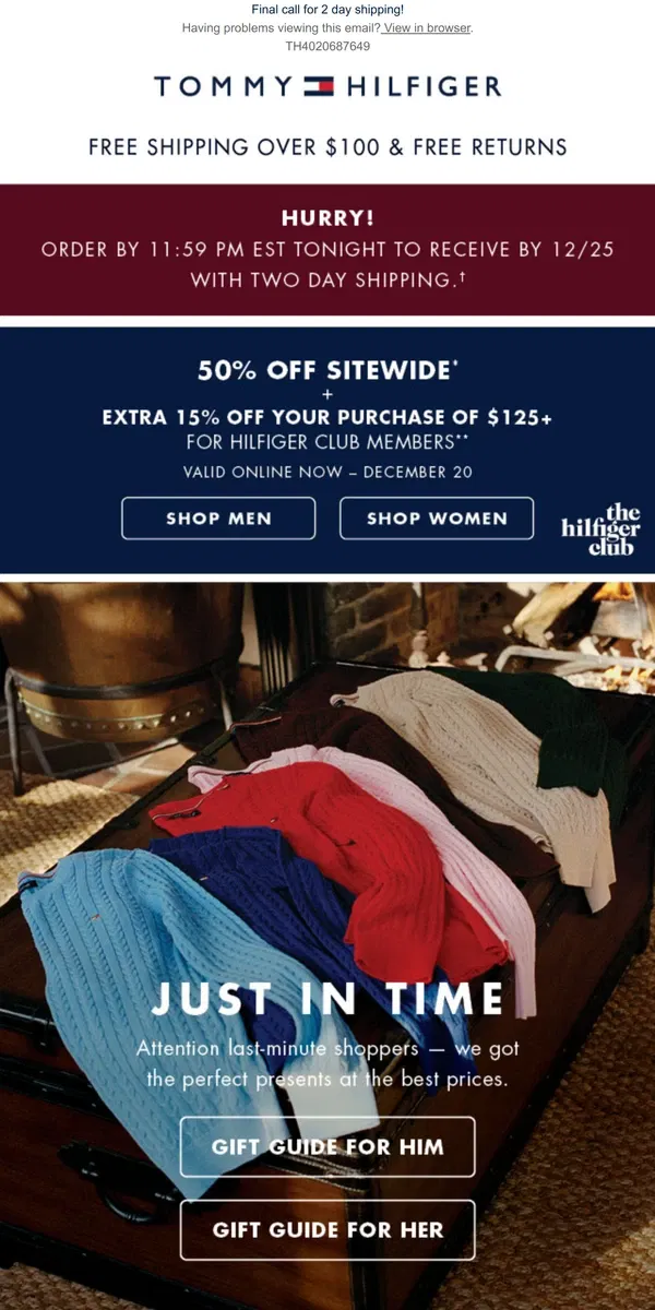 Email from Tommy Hilfiger. Wrap it up! 50% off SITEWIDE