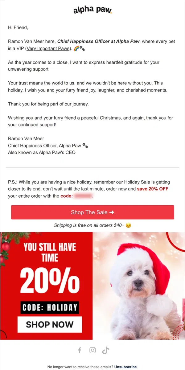 Email from Alpha Paw. Heartfelt Holiday Wishes from Alpha Paw CEO, Ramon Van Meer ❤️🐶