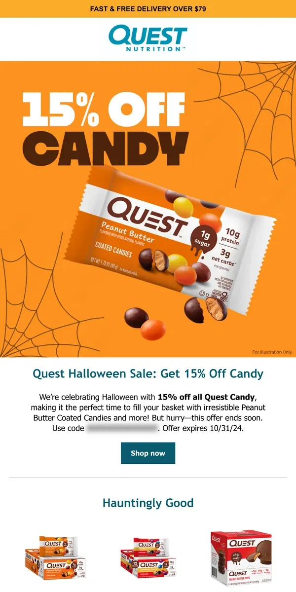 Email from Quest Nutrition. Halloween Sale: 15% off Candy Awaits! 🎃🍬