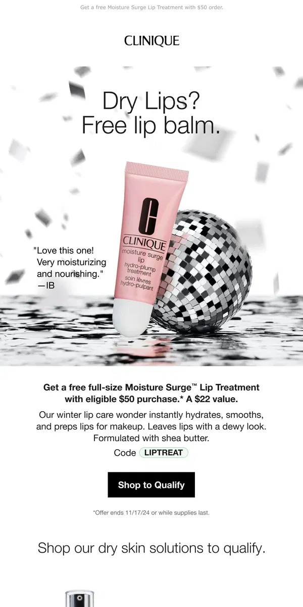 Email from Clinique. A hydrating lip treat is waiting inside.