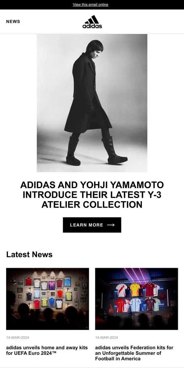 Email from Adidas. adidas and Yohji Yamamoto Introduce their latest Y-3 Atelier Collection