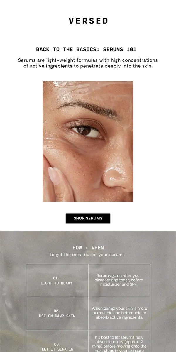 Email from Versed Skin. Serums 101: Everything You Need to Know