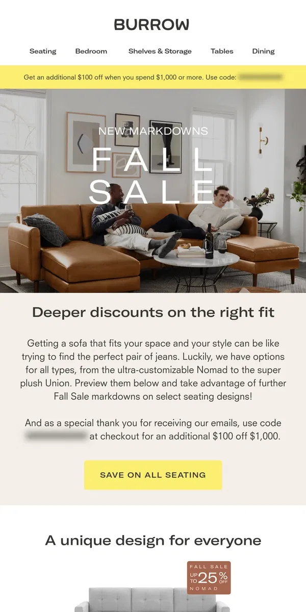 Email from Burrow. Different looks, shared design philosophy, all on sale