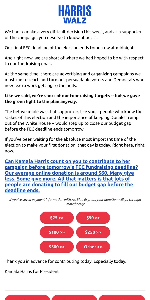 Email from Kamala Harris. A very difficult decision