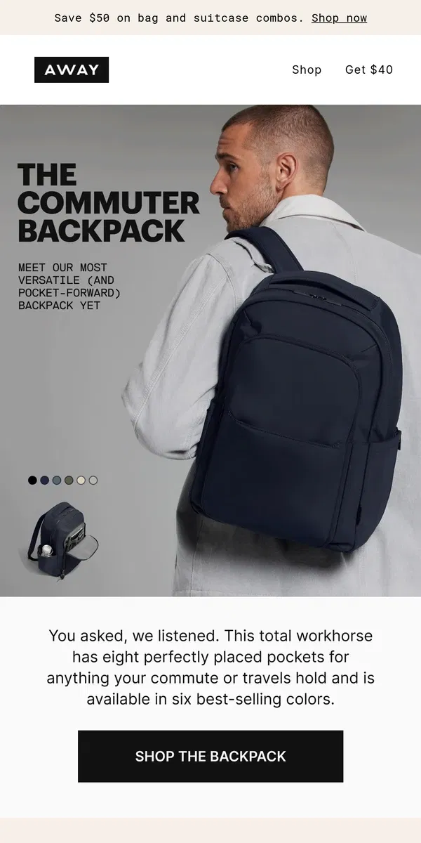 Email from Away. Just arrived: The Commuter Backpack