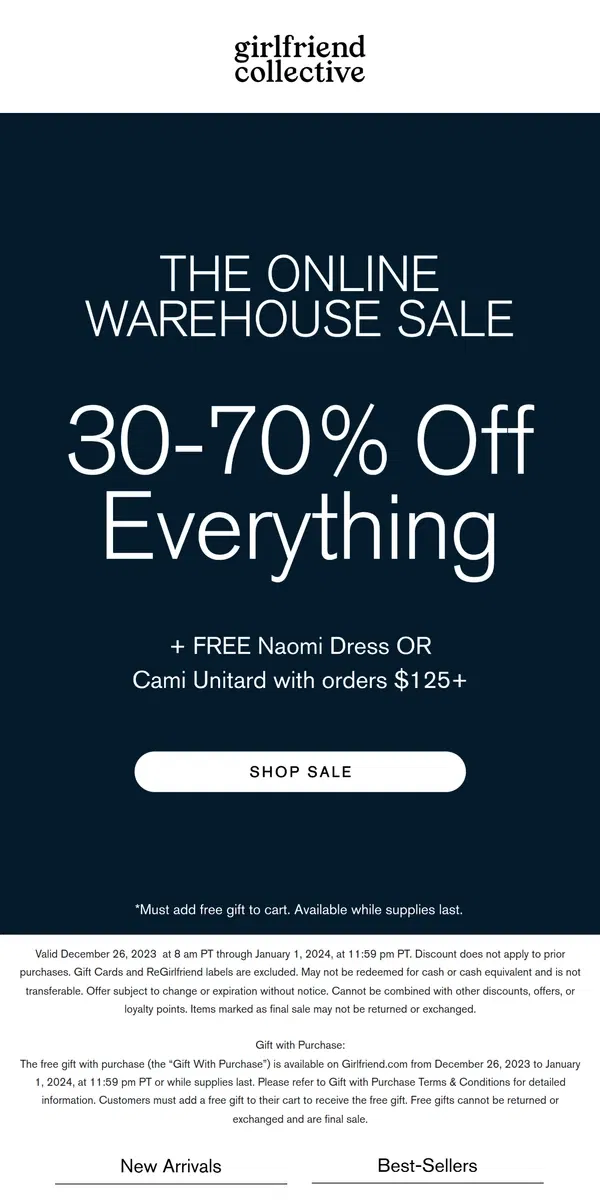 Email from Girlfriend Collective. THE ONLINE WAREHOUSE SALE