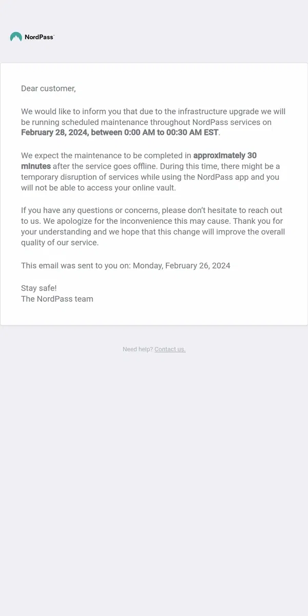 Email from NordVPN. Scheduled maintenance on February 28, 2024