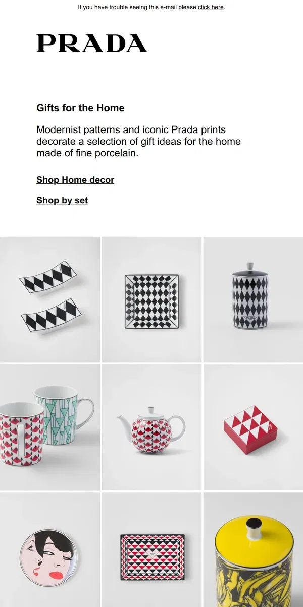 Email from Prada. Gifts for the home and leisure time