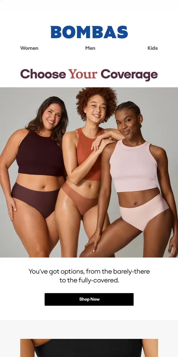 Email from Bombas. Underwear Coverage, Explained