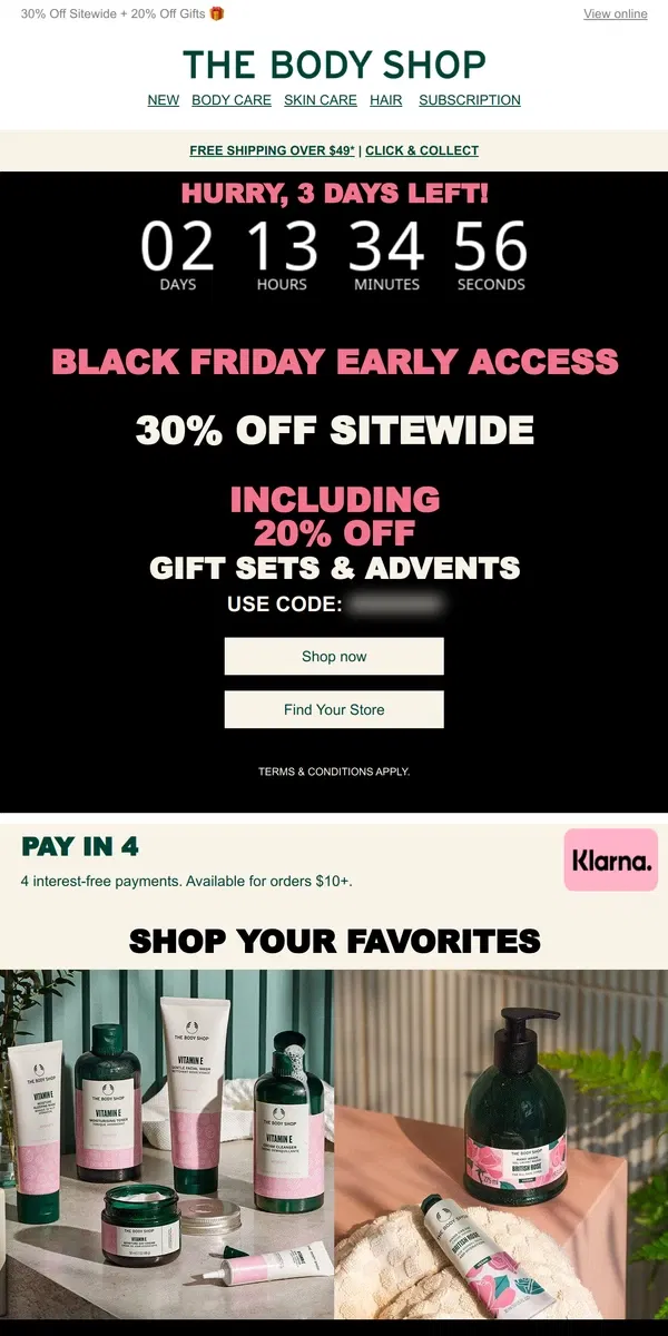 Email from The Body Shop. Unlock 30% Off! Black Friday Early Access - Act Fast!