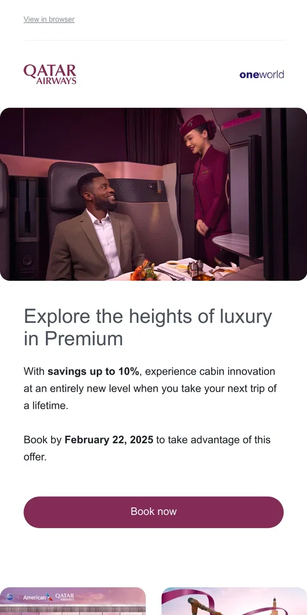 Email from Qatar Airways. Explore the heights of luxury in Premium