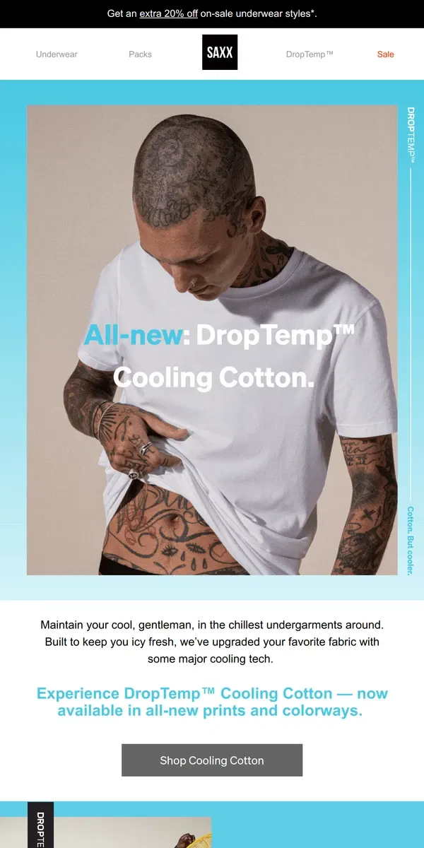 Email from SAXX Underwear. All-new: DropTemp™ Cooling Cotton styles