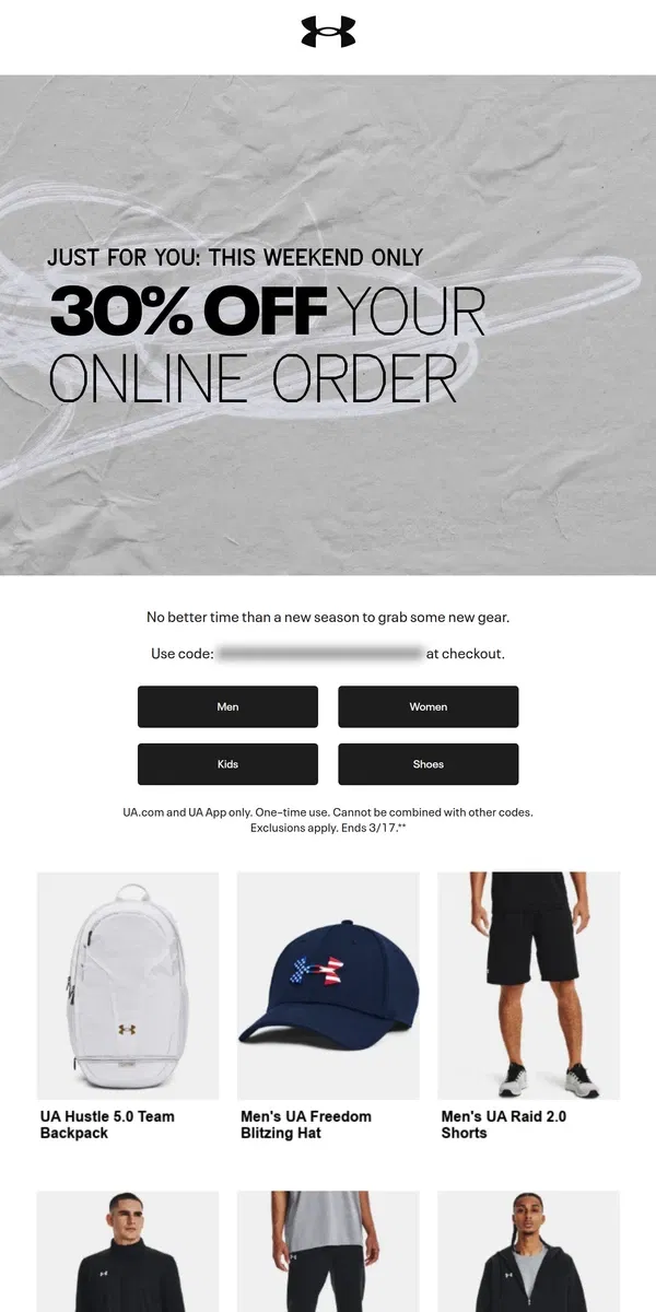 Email from Under Armour. 👉  30% off your online order