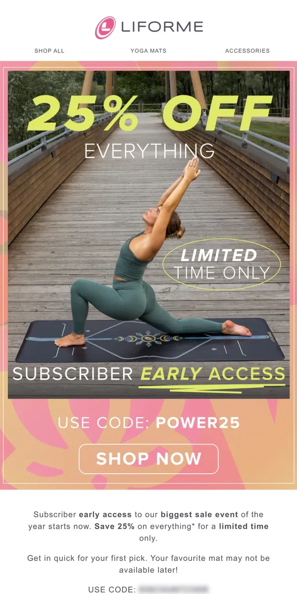 Email from Liforme. SALE early access - 25% off everything 🎉