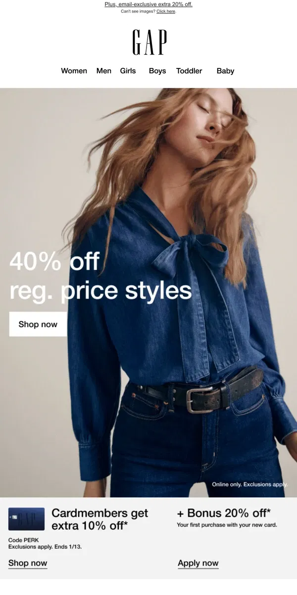 Email from GAP. Special announcement: we're giving you 40% off reg. price styles