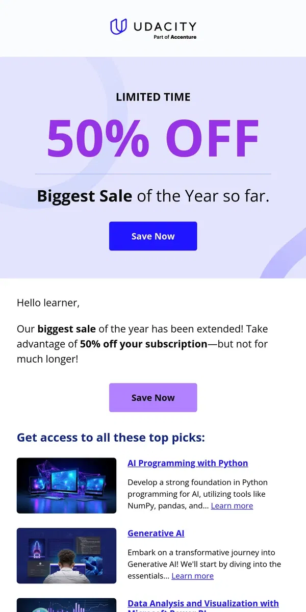 Email from Udacity. 50% OFF Extended 🙌