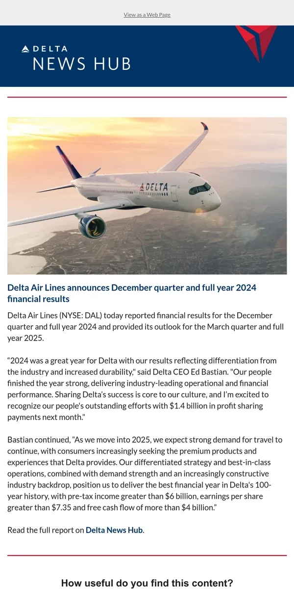 Email from Delta Air Lines. Delta Air Lines announces December quarter and full year 2024 financial results