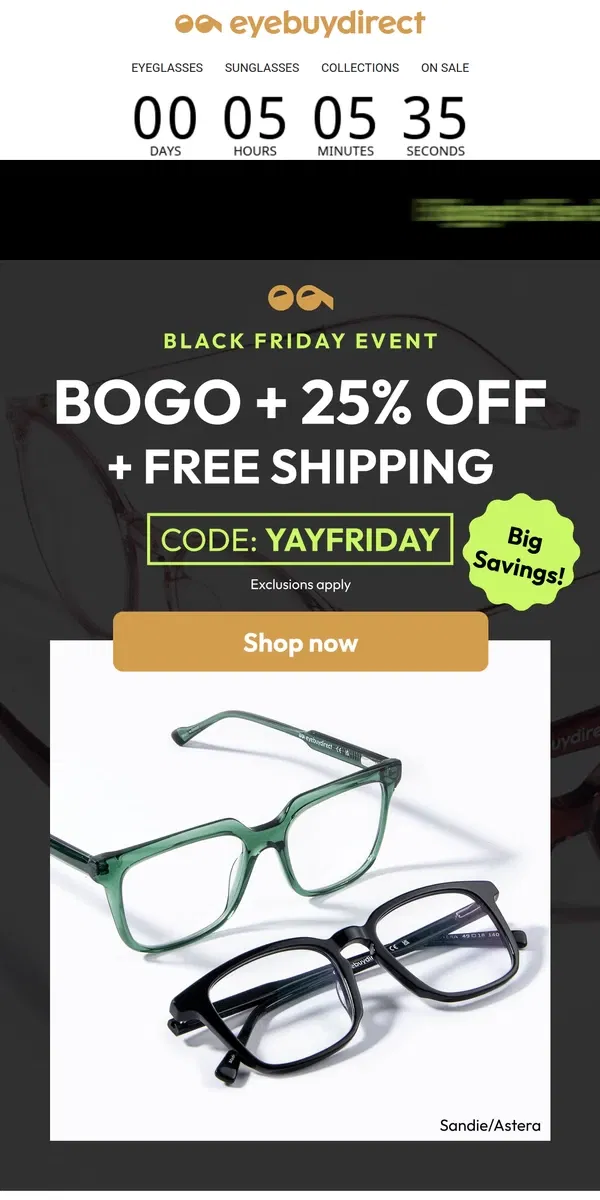 Email from Eyebuydirect. Last Call for Black Friday  🛒🏃‍♂️