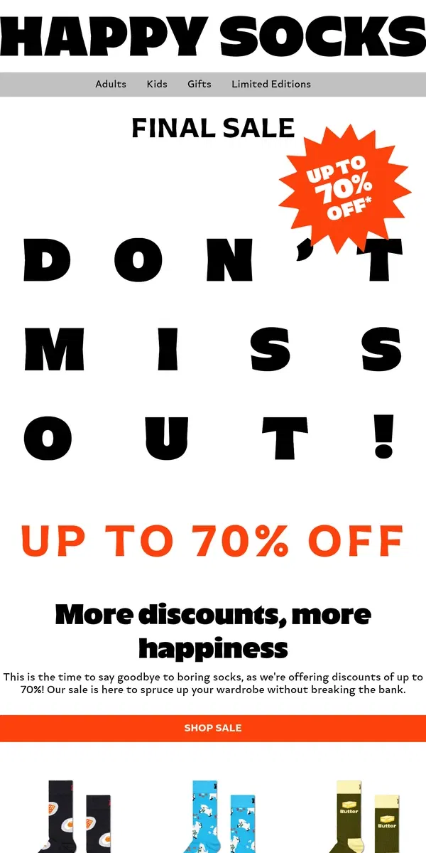 Email from Happy Socks. Further Discounts: Up to 70% Off!