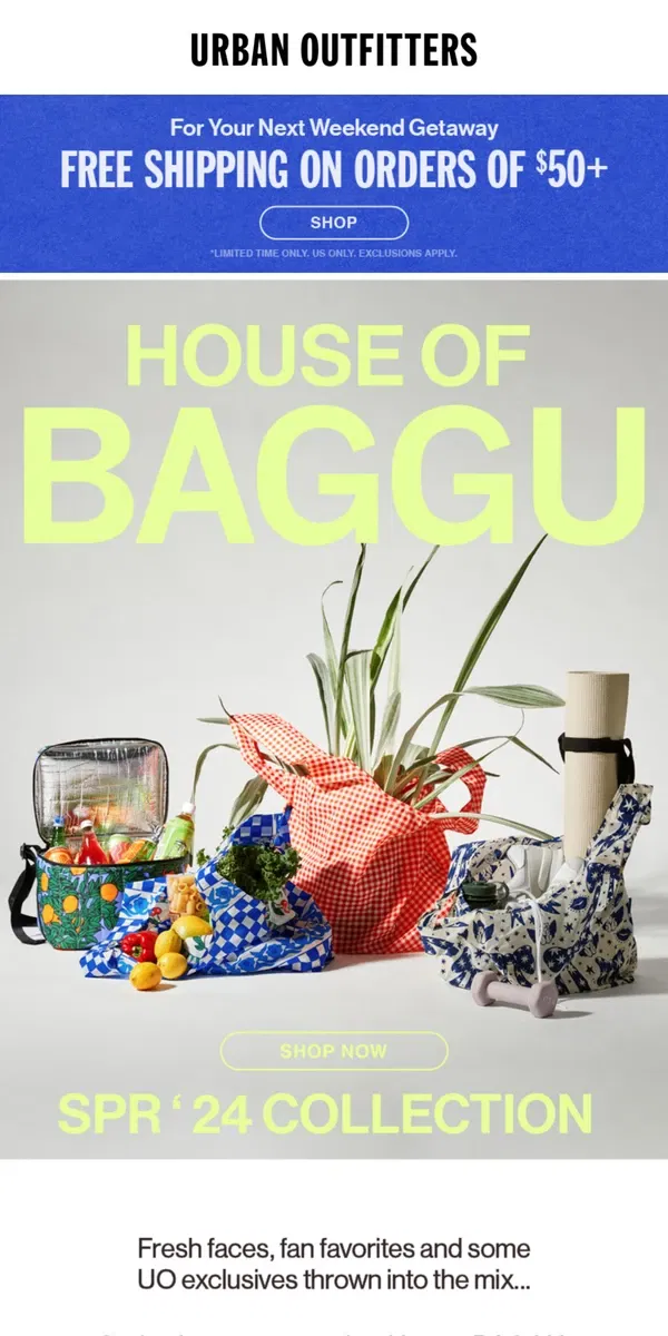 Email from Urban Outfitters. Spring '24: NEW BAGGU (in exclusive colors!)