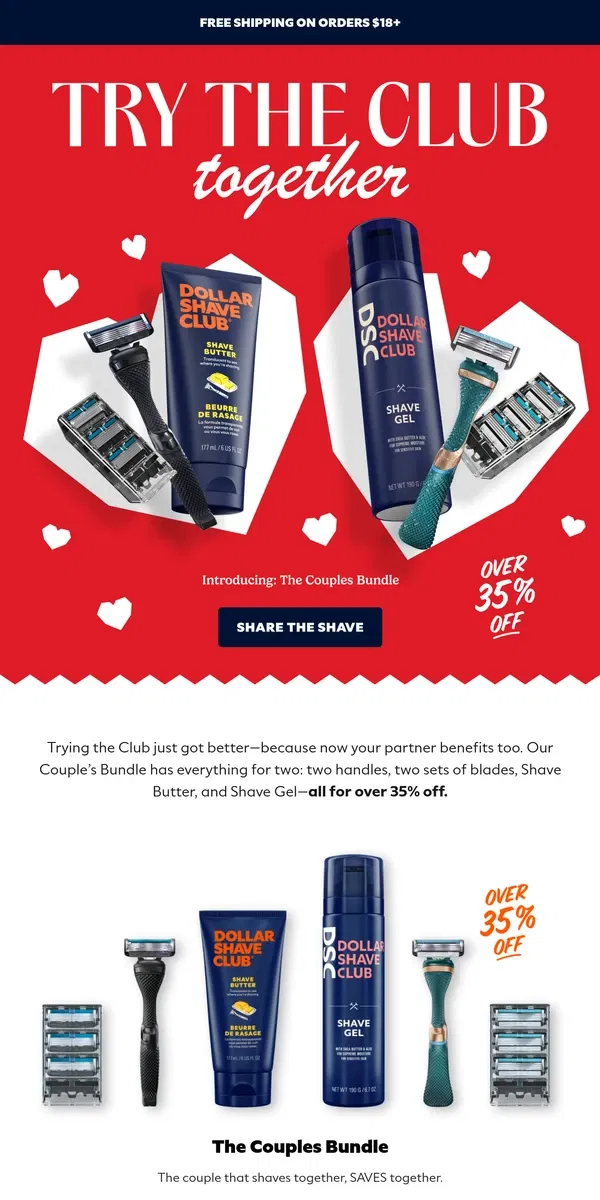 Email from Dollar Shave Club. Couples Bundle: Shave Together, Save Together!