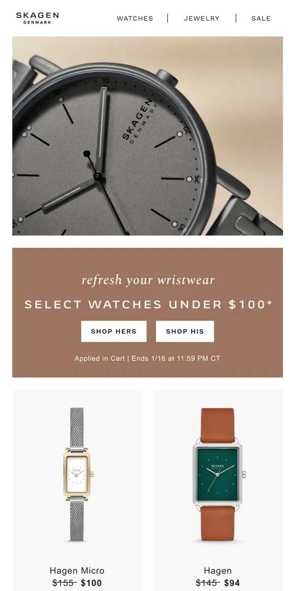 Email from Skagen. scandi-style watches under $100