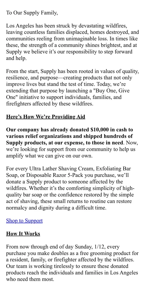 Email from Supply. Announcing Our Wildfire Support Initiatives