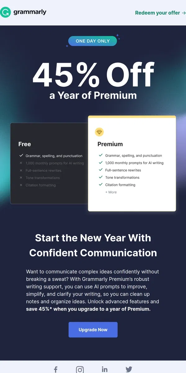 Email from Grammarly. 🎉 1 day only: 45% off a year of Premium