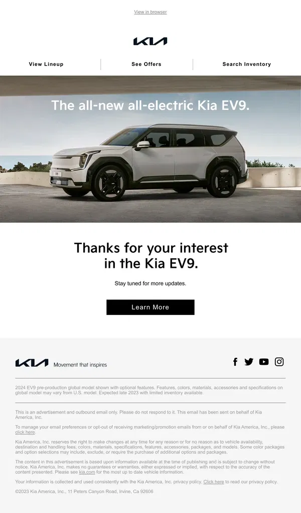 Email from Kia. [Name], your request for Kia EV9 info was received.