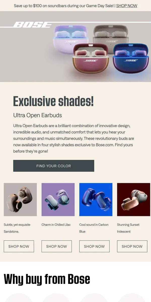 Email from Bose. Don’t miss these exclusive Ultra Open Earbuds colors!