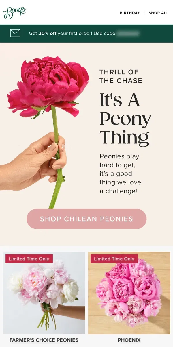 Email from The Bouqs Co.. Winter peonies?! Say less.