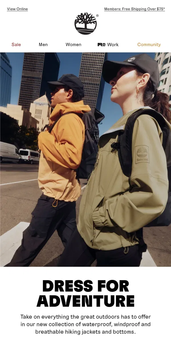 Email from Timberland. JUST IN: All-New Outdoor Performance Clothing.