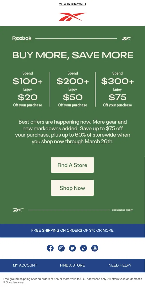 Email from Reebok. Up to $75 off happening now