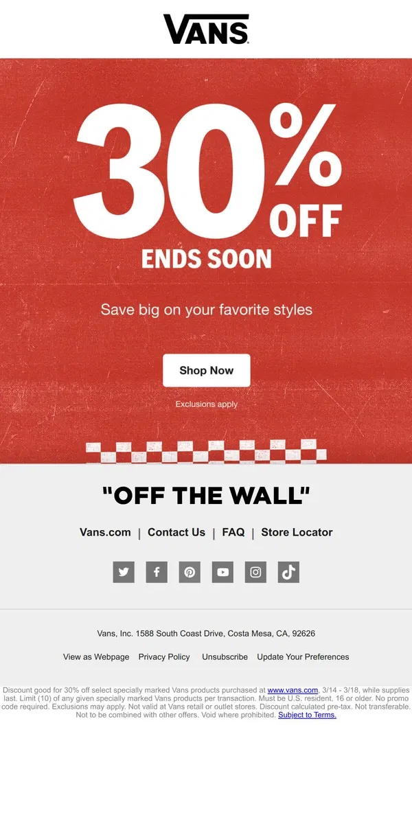 Email from Vans. DON'T FORGET ⏰ 30% OFF FOR VANS FAMILY