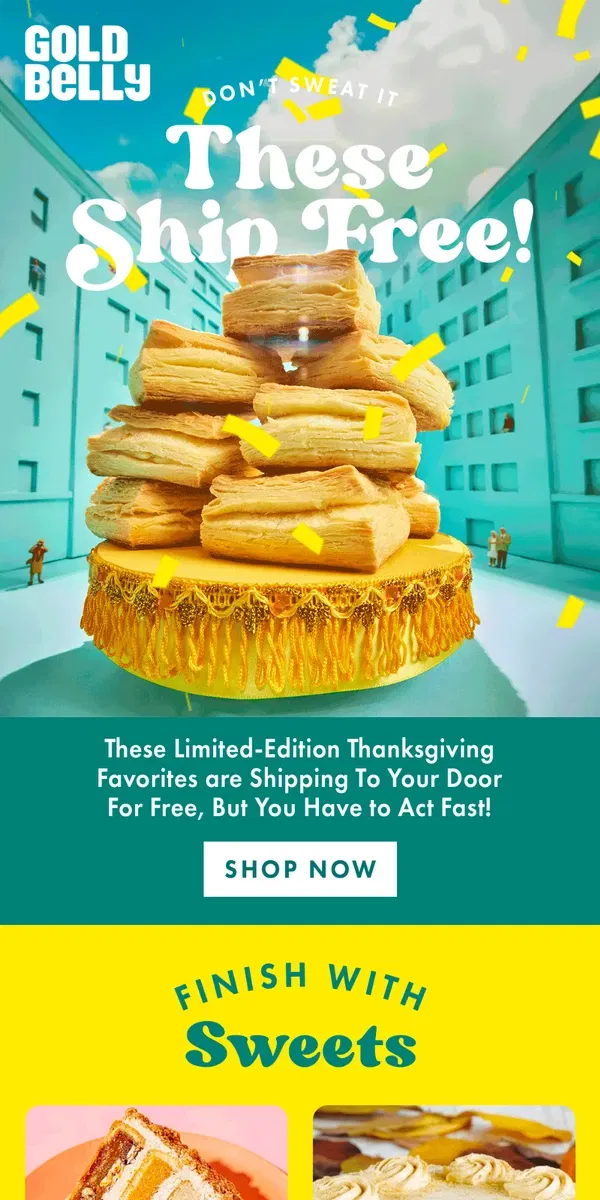 Email from Goldbelly. FREE SHIPPING for Thanksgiving - Last Chance!