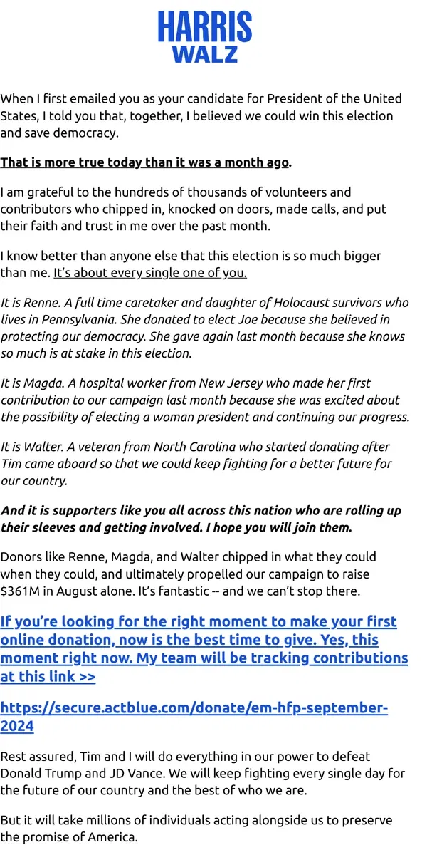 Email from Kamala Harris. I am grateful