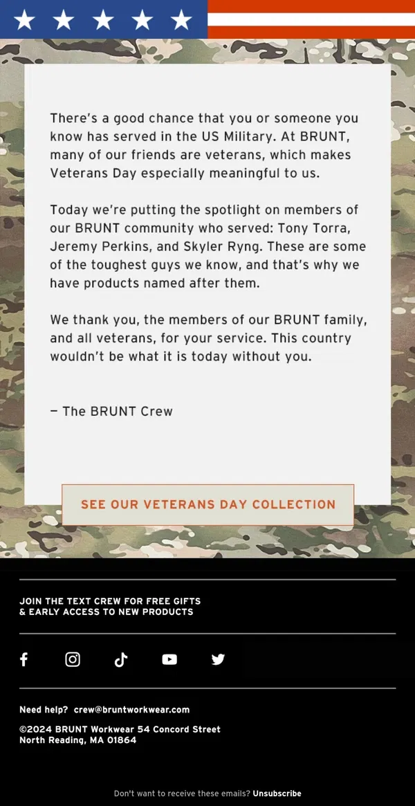 Email from BRUNT Workwear. The Toughest Guys We Know