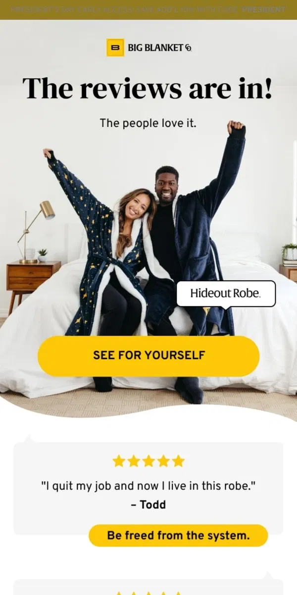 Email from Big Blanket Co. "I quit my job and now I live in this robe."