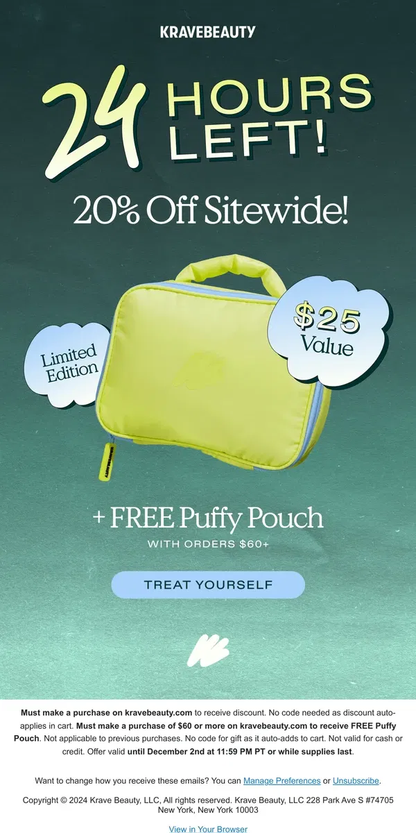 Email from KraveBeauty. Free Puffy Pouch & 20% Off Extended 💝