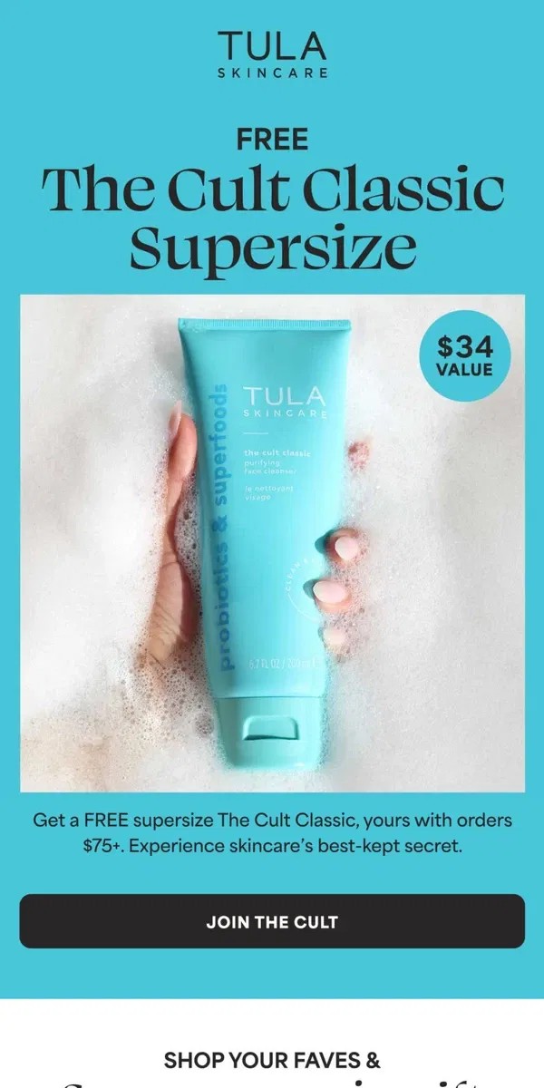 Email from TULA Skincare. Our best-seller, free with $75+ orders