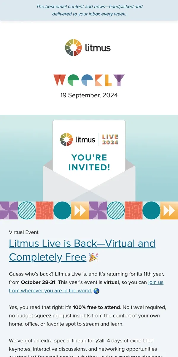 Email from Litmus. 📣 Now open: free registration for Litmus Live, SEO for email, and more