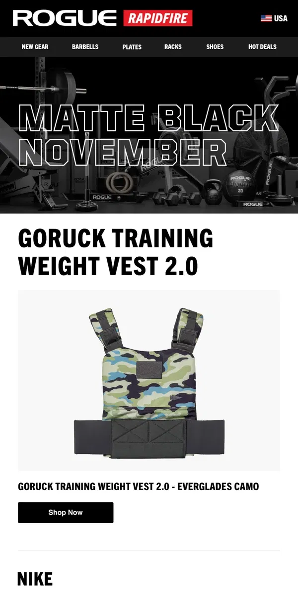 Email from Rogue Fitness. Just Launched: GORUCK Training Weight Vest 2.0, Nike Savaleos & Stance Performance Socks