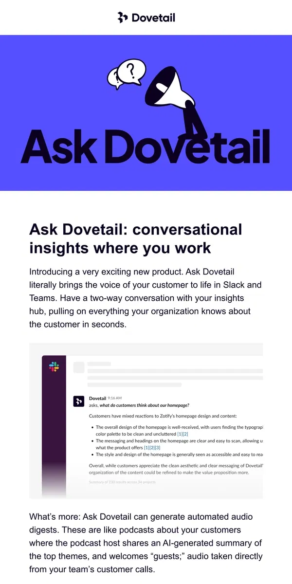 Email from Dovetail. New in Dovetail 3.0: Ask Dovetail—a conversational AI in Slack and Teams